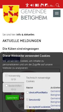 Vorschau der mobilen Webseite www.bietigheim.de, Gemeinde Bietigheim