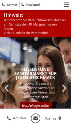 Vorschau der mobilen Webseite fliesen-wehr.de, Fliesen- und Sanitärmarkt Wehr GmbH