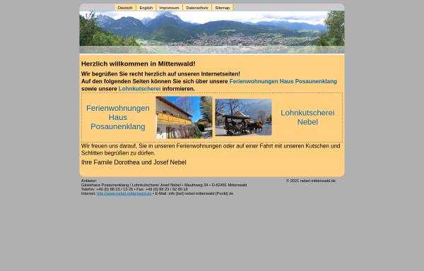 Vorschau von www.nebel-mittenwald.de, Gästehaus Posaunenklang und Lohnkutscherei Nebel