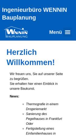 Vorschau der mobilen Webseite www.wennin.de, Bauplanung Ingenieurbüro Wennin