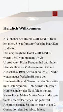 Vorschau der mobilen Webseite www.bett-und-bike.de, Hotel und Restaurant „Zur Linde“, Familie Hörstensmeier