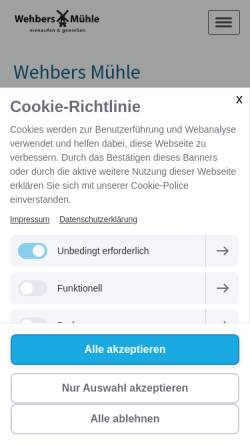 Vorschau der mobilen Webseite wehbersmuehle.de, Wehbers Mühle