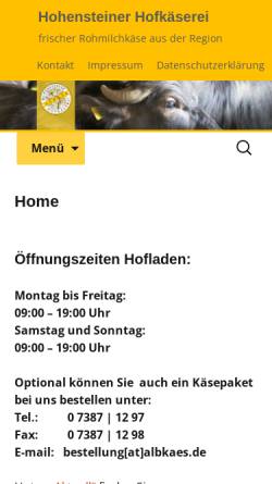 Vorschau der mobilen Webseite albkaes.de, Hohensteiner Hofkäserei