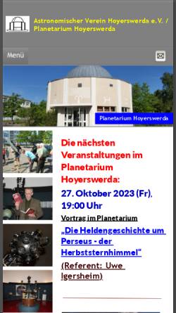 Vorschau der mobilen Webseite www.planetarium-hoyerswerda.de, Astronomischer Verein Hoyerswerda e.V.