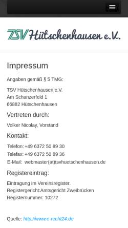 Vorschau der mobilen Webseite www.tsvhuetschenhausen.de, Turn und Sportverein Hütschenhausen e.V.