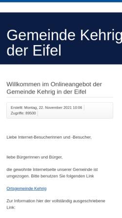 Vorschau der mobilen Webseite www.kehrig-eifel.de, Gemeinde Kehrig in der Eifel