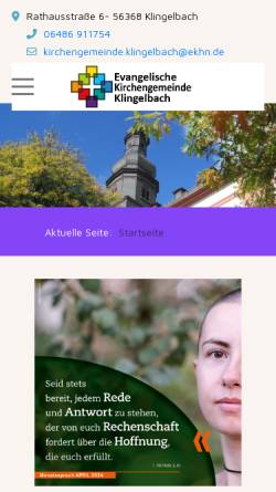 Vorschau der mobilen Webseite www.kirche-klingelbach.de, Evangelische Kirchengemeinde Klingelbach
