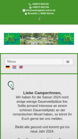Vorschau der mobilen Webseite www.campingplatz-nehren.de, Campingplatz Nehren