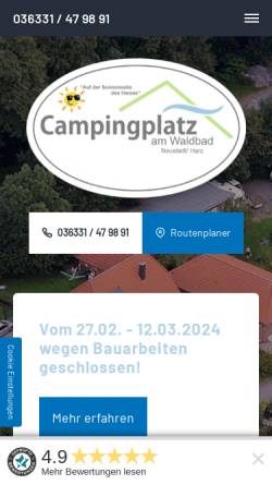 Vorschau der mobilen Webseite www.neustadt-harz-camping.de, Campingplatz am Waldbad