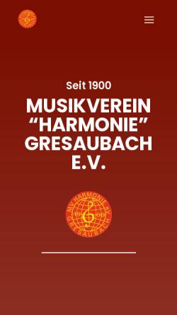 Vorschau der mobilen Webseite www.musikverein-gresaubach.de, Musikverein Harmonie Gresaubach e.V.