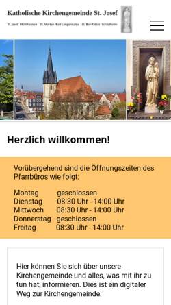 Vorschau der mobilen Webseite www.katholische-kirche-muehlhausen.de, Katholische Pfarrgemeinde Sankt Josef