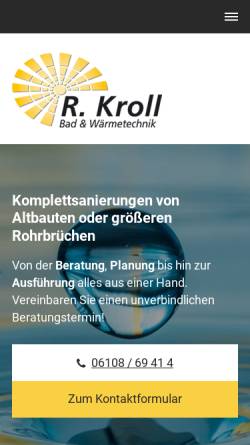 Vorschau der mobilen Webseite www.kroll-buw.de, Richard Kroll Bad & Wärmetechnik
