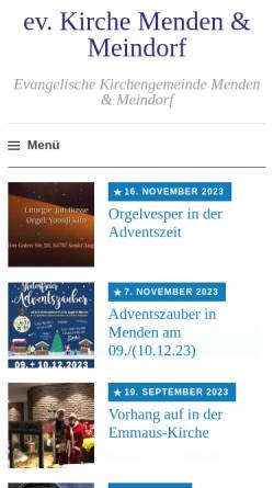 Vorschau der mobilen Webseite www.ev-menden.de, Evangelische Kirchengemeinde Menden und Meindorf