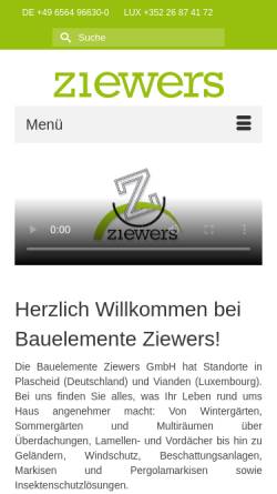 Vorschau der mobilen Webseite www.ziewers.de, Ziewers Glasbausysteme & Insektenschutz