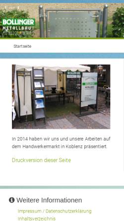 Vorschau der mobilen Webseite www.bollinger-metallbau.de, Bollinger, Metallgestaltung & Kunstschmiede