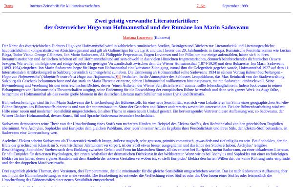 Vorschau von www.inst.at, Zwei geistig verwandte Literaturkritiker: der Österreicher Hugo von Hofmannsthal und der Rumäne Ion Marin Sadoveanu