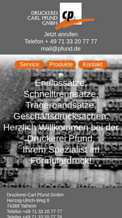 Vorschau der mobilen Webseite www.pfund.de, Druckerei Carl Pfund GmbH