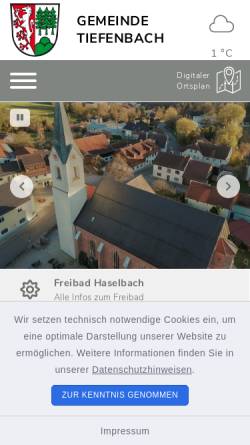 Vorschau der mobilen Webseite www.gemeinde-tiefenbach.de, Gemeinde Tiefenbach im Landkreis Passau