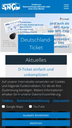 Vorschau der mobilen Webseite www.sngonline.de, SNG Städtische Nahverkehrs GmbH Suhl / Zella-Mehlis