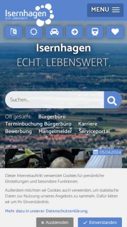 Vorschau der mobilen Webseite www.isernhagen.de, Gemeinde Isernhagen