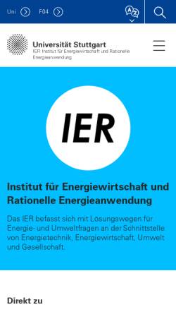 Vorschau der mobilen Webseite www.ier.uni-stuttgart.de, Institut für Energiewirtschaft und Rationelle Energieanwendung der Universität Stuttgart