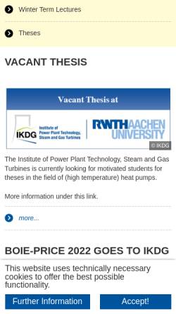 Vorschau der mobilen Webseite www.idg.rwth-aachen.de, Lehrstuhl und Institut für Dampf- und Gasturbinen IDG, RWTH-Aachen