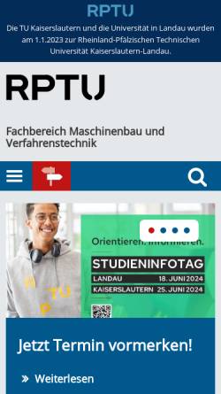 Vorschau der mobilen Webseite www.mv.uni-kl.de, Fachbereich Maschinenbau und Verfahrenstechnik, Universität Kaiserslautern