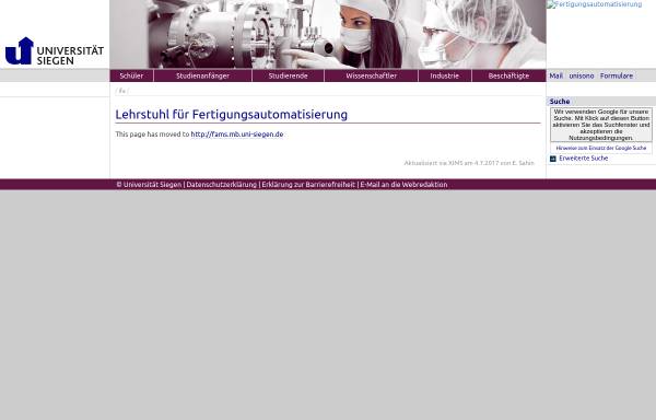 Vorschau von www.uni-siegen.de, Fachgebiet Fertigungsautomatisierung, Universität Siegen