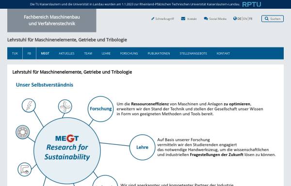 Vorschau von megt.mv.uni-kl.de, Lehrstuhl für Maschinenelemente und Getriebetechnik der TU Kaiserslautern