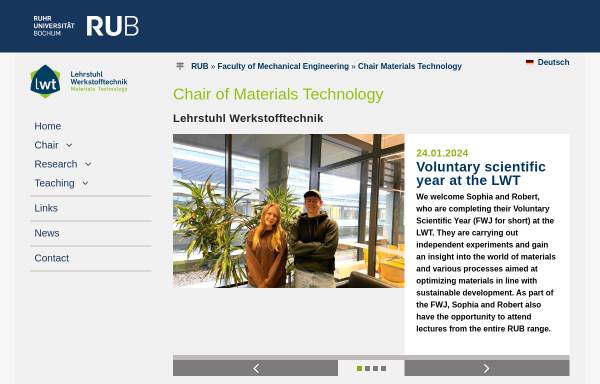 Vorschau von www.wtech.ruhr-uni-bochum.de, Lehrstuhl für Werkstofftechnik LWT, Ruhr-Universität Bochum