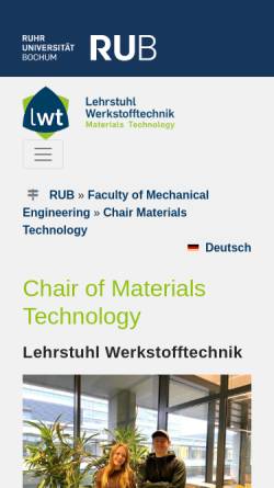 Vorschau der mobilen Webseite www.wtech.ruhr-uni-bochum.de, Lehrstuhl für Werkstofftechnik LWT, Ruhr-Universität Bochum