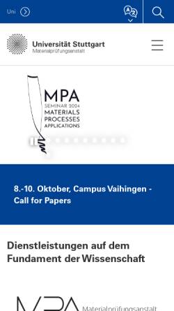Vorschau der mobilen Webseite www.mpa.uni-stuttgart.de, Materialprüfungsanstalt Universität Stuttgart (MPA), Otto-Graf-Institut (FMPA)