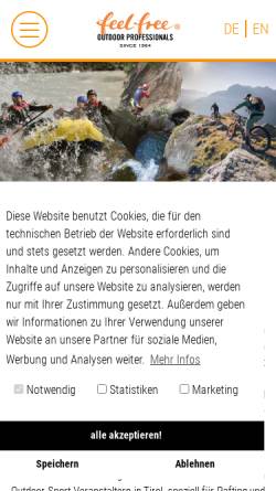 Vorschau der mobilen Webseite www.feelfree.at, Feelfree Touristik Outdoor Erlebnis GmbH & Co. KG