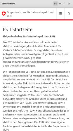 Vorschau der mobilen Webseite www.esti.admin.ch, Eidgenössisches. Starkstrominspektorat (ESTI)