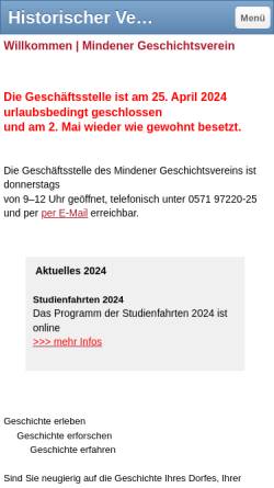 Vorschau der mobilen Webseite www.mindener-geschichtsverein.de, Mindener Geschichtsverein - Historischer Verein für den Kreis Minden-Lübbecke e.V.