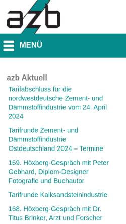 Vorschau der mobilen Webseite www.agvzem.de, Arbeitgeberverband Zement und Baustoffe e.V. (AZB)