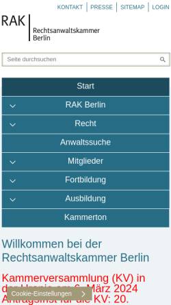 Vorschau der mobilen Webseite www.rak-berlin.de, Rechtsanwaltskammer Berlin