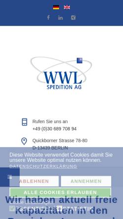 Vorschau der mobilen Webseite www.wwlsped.de, WWL Spedition AG