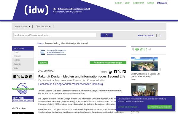Vorschau von idw-online.de, Fakultät Design, Medien und Information goes Second Life