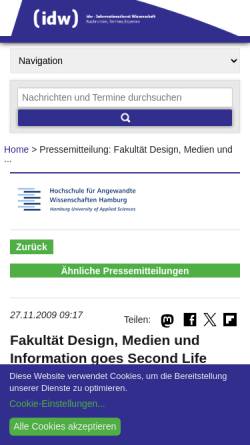 Vorschau der mobilen Webseite idw-online.de, Fakultät Design, Medien und Information goes Second Life