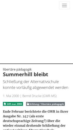 Vorschau der mobilen Webseite www.graswurzel.net, Summerhill bleibt