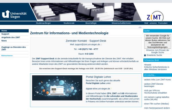 Vorschau von www.zimt.uni-siegen.de, Zentrum für Informations- und Medientechnologie (ZIMT)