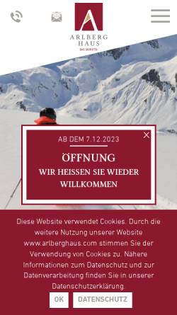 Vorschau der mobilen Webseite www.arlberghaus.com, Hotel Arlberghaus in Zürs und Haus Margarethe in Lech