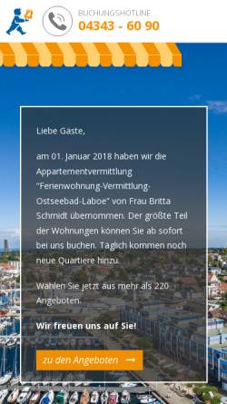 Vorschau der mobilen Webseite www.fewovermittlung-laboe.de, Ferienwohnungsvermittlung