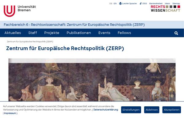 Vorschau von www.zerp.uni-bremen.de, Zentrum für Europäische Rechtspolitik (ZERP)