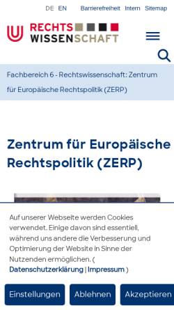Vorschau der mobilen Webseite www.zerp.uni-bremen.de, Zentrum für Europäische Rechtspolitik (ZERP)