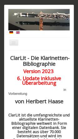 Vorschau der mobilen Webseite www.klarinetten-bibliographie.de, Klarinetten-Bibliographie, Heribert Haase