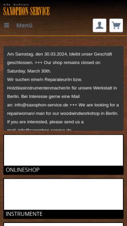 Vorschau der mobilen Webseite www.saxophon-service.de, Mike Duchstein Saxophon-Service