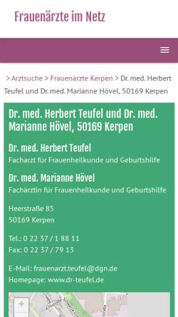 Vorschau der mobilen Webseite www.frauenarzt-kerpen.de, Gemeinschaftspraxis Dr. Teufel und Dr. Hövel - Frauenärzte