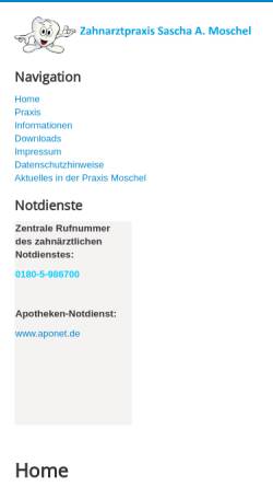 Vorschau der mobilen Webseite www.moschel-dent.de, Sascha A. Moschel, Zahnarzt
